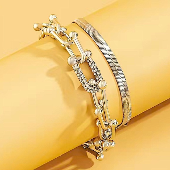 Sterling Silver U Link Rhinestone Multilayer Two Piece Herringbone Brace… - Picture 3 of 5